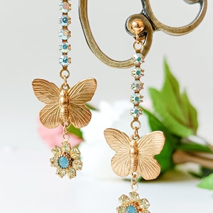 Swarovski bar dangle butterfly earrings, bohemian dangle earrings, long butterfly earrings, gold butterfly earrings, cottagecore earrings.