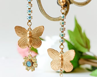 Swarovski bar dangle butterfly earrings, bohemian dangle earrings, long butterfly earrings, gold butterfly earrings, cottagecore earrings.