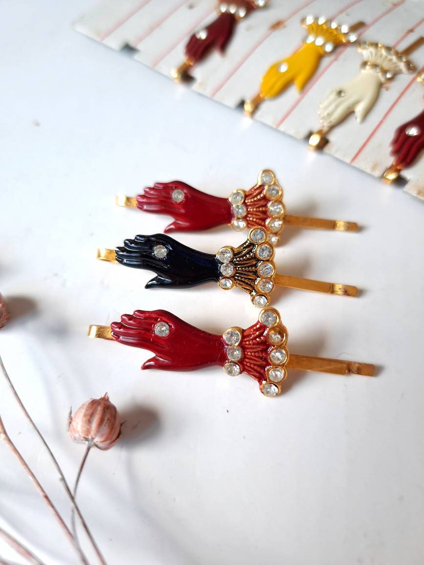 80s victorian hands bobby pins, enamel NEVER USED hair pins beaded with zircons, set of victorian hand jewelry.