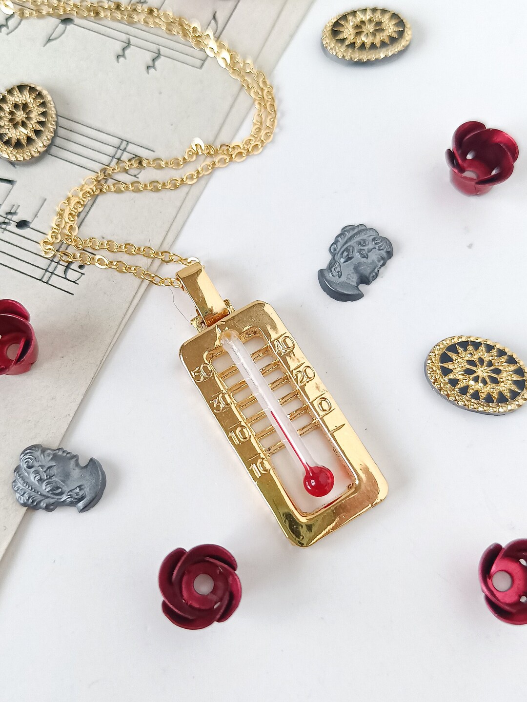 RARE Vintage WORKING THERMOMETER Necklace, N.O.S West Germany 80s Glass