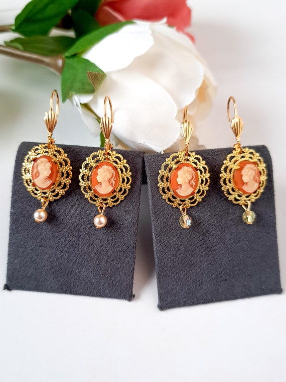 New Old Stock Vintage cameo earrings, carnelian d… - image 1