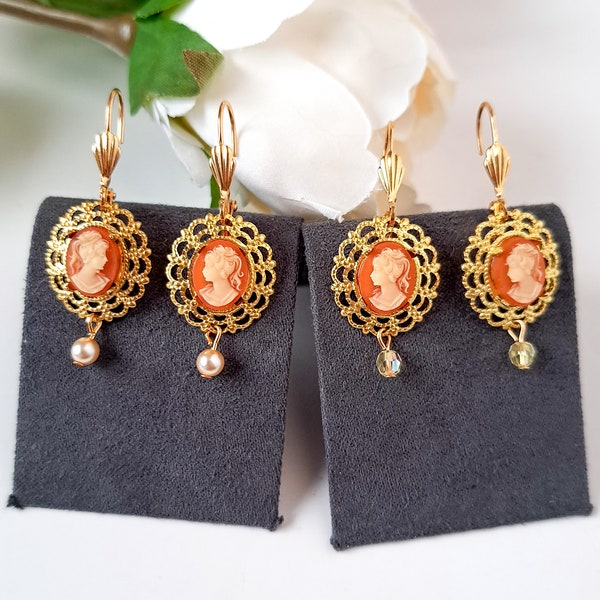 New Old Stock Vintage cameo earrings, carnelian drop cameo earrings, cameo dangle stud earrings,  unworn 80s old cameo Victorian earrings.