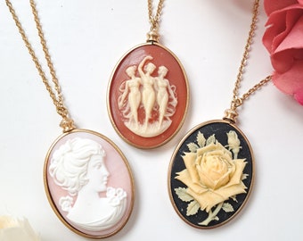 Vintage gouden cameo ketting in 40x30mm schroefdop hanger setting, vergulde ketting cameo ketting, Three Graces carneool cameo.