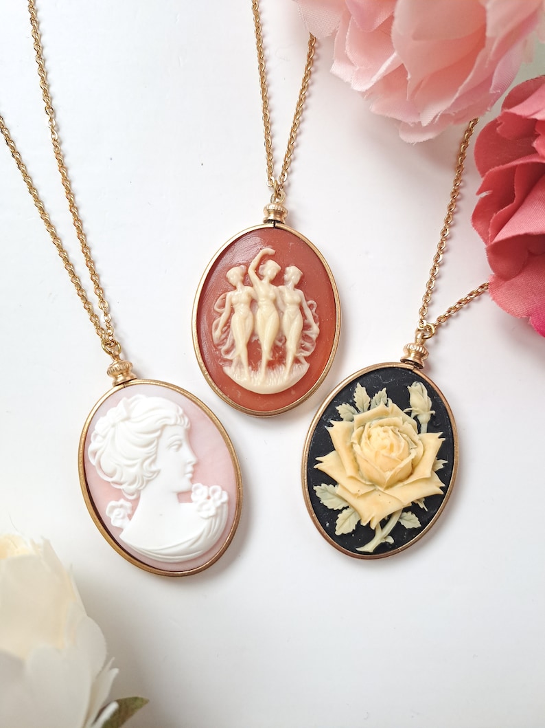 Vintage gold cameo necklace in 40x30mm screw top pendant setting, gold plated chain cameo necklace, Three Graces carnelian cameo. image 1