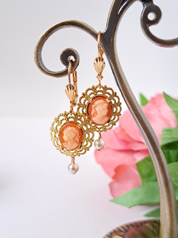 New Old Stock Vintage cameo earrings, carnelian d… - image 8