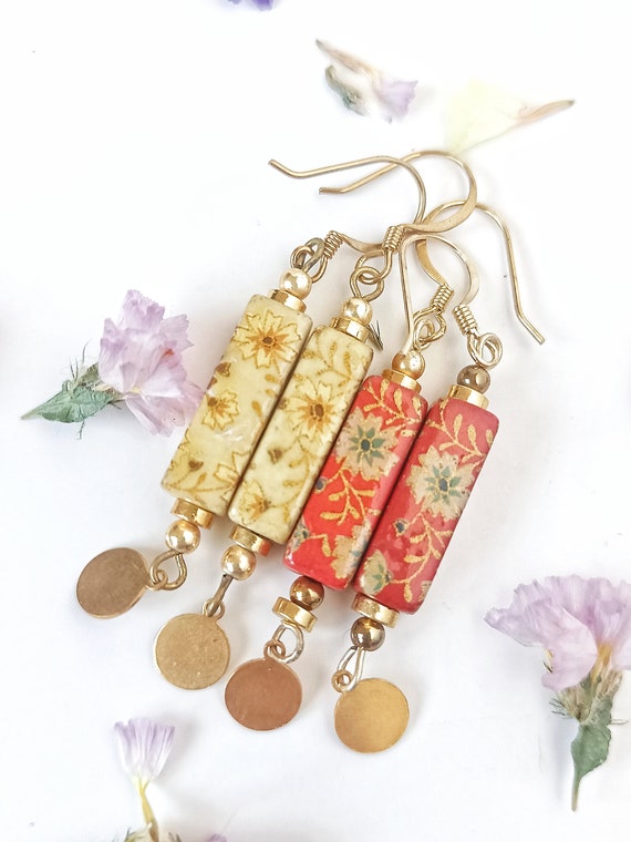 UNUSED 60s vintage Japanese boho earrings, Sakura… - image 1