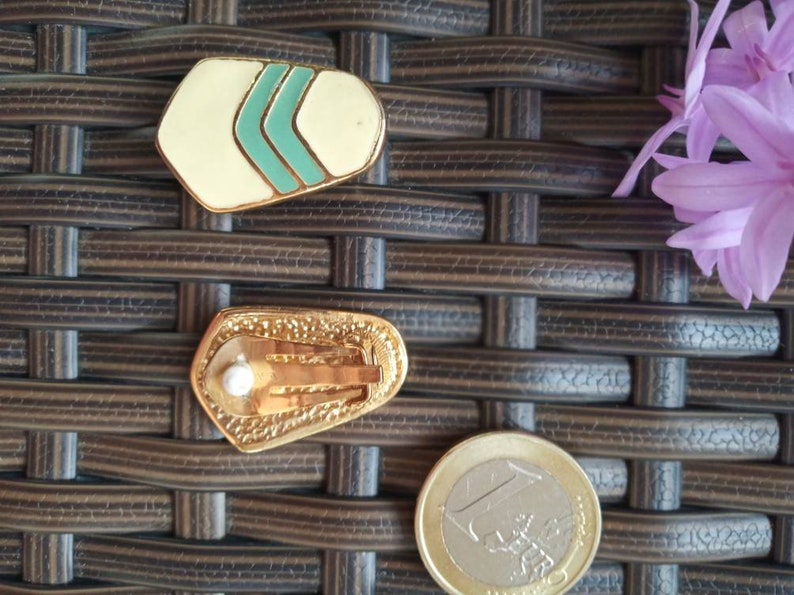 80s deadstock clip on earrings. art deco style earrings 80s prom earrings gold and mint statement earrings ivory