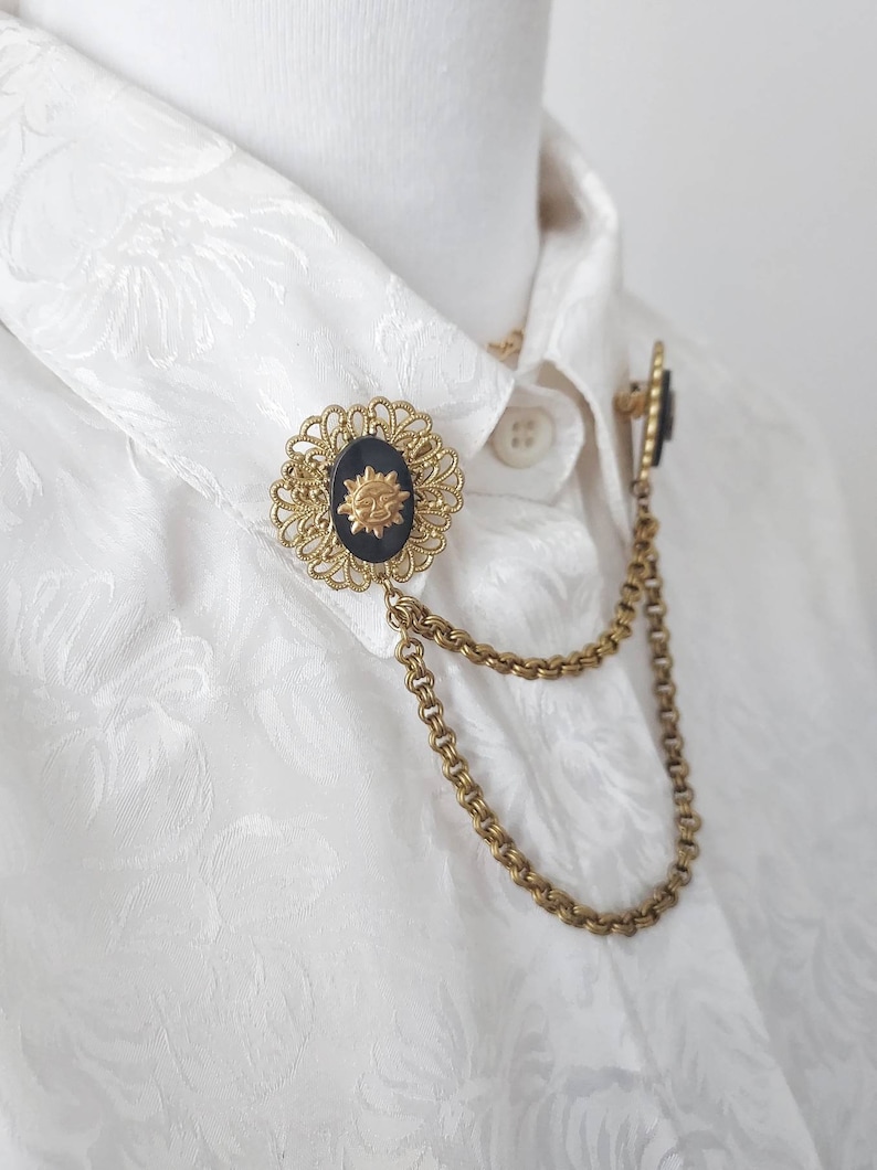 Vintage Victorian collar pins chain, bronze gold black collar pins, cat, moon & sun colar pin chain, Steampunk collar pins, cloak brooch. image 7