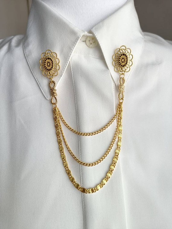 Gold Sweater Clips, 80s Unused Cardigan Clip, Collar Clip Chain