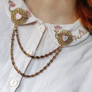 Vintage gold collar pin chain, New Old stock floral heart victorian collar pins, Valentine's gift, steampunk brooch.