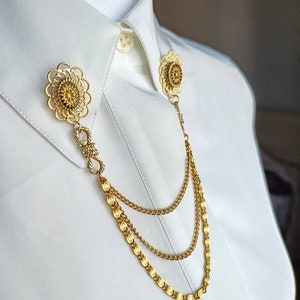 Unused vintage collar pin chain, 80s collar pins,  gold black collar pins chain, 80s deadstock true vintage gift, statement collar brooch.
