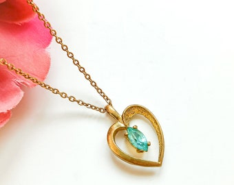 Gold heart Swarovski diamond necklace, Swarovski crystal navette heart necklace, Aqua dainty heart necklace, love chain necklace.