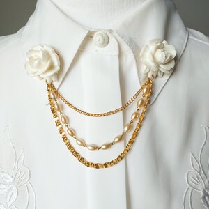 Flower collar chain pin with pearl chain, rose collar chain, gold VINTAGE white collar pins chain, bridal rose flower collar chain brooch.