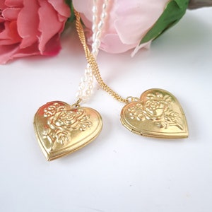 Vintage heart locket necklace for photo, N.O.S gold rose locket, raw brass flower photo locket with raised design, Victorian style