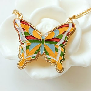 Gold enamelled butterfly necklace, UNUSED VINTAGE boho butterfly necklace, colorful butterfly short necklace, 70s large butterfly necklace.