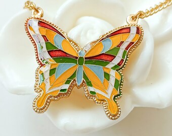 Gold enamelled butterfly necklace, UNUSED VINTAGE boho butterfly necklace, colorful butterfly short necklace, 70s large butterfly necklace.