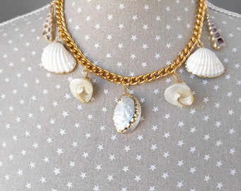 Statement gold seashell chain necklace, gold chunky chain real shell necklace, 24k gold edged beach wedding necklace.