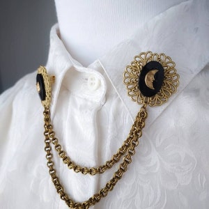 Vintage Victorian collar pins chain, bronze gold black collar pins, cat, moon & sun colar pin chain, Steampunk collar pins, cloak brooch. image 4