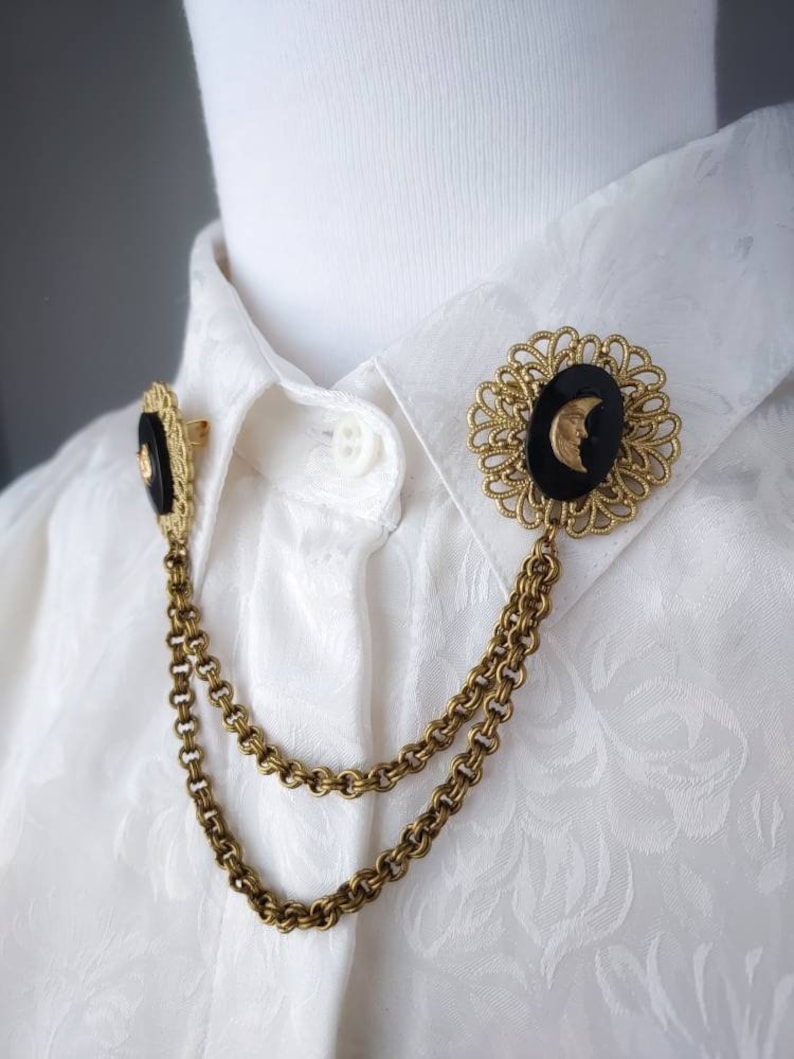 Vintage Victorian collar pins chain, bronze gold black collar pins, cat, moon & sun colar pin chain, Steampunk collar pins, cloak brooch. image 4