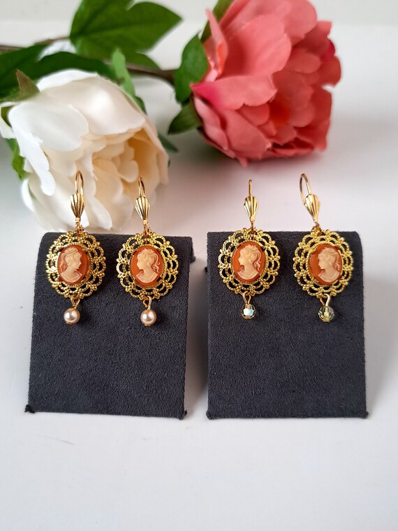 New Old Stock Vintage cameo earrings, carnelian d… - image 10