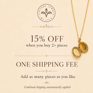 May include: A gold-toned locket necklace with an oval pendant that is open to reveal two empty compartments. The text reads: VINTAGE JEWELS BY LULU, 15% OFF when you buy 2+ pieces, ONE SHIPPING FEE, Add as many pieces as you like, Combined shipping automatically applied.