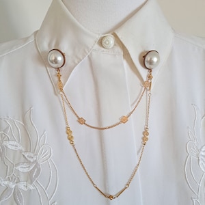 UNUSED Vintage pearl collar pins, statement pearl collar pin chain, gold collar pins chain, cloak chain brooch, minimalist collar chain.