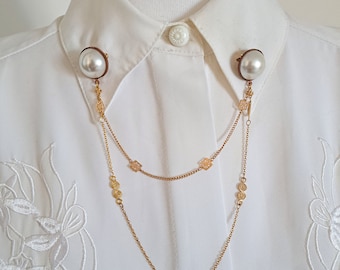 UNBENUTZTE Vintage Perlenkragennadeln, Statement-Perlenkragennadelkette, goldene Kragennadelkette, Umhangkettenbrosche, minimalistische Kragenkette.