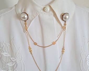 UNUSED Vintage pearl collar pins, statement pearl collar pin chain, gold collar pins chain, cloak chain brooch, minimalist collar chain.