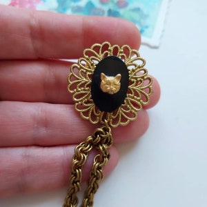 Vintage Victorian collar pins chain, bronze gold black collar pins, cat, moon & sun colar pin chain, Steampunk collar pins, cloak brooch. image 9
