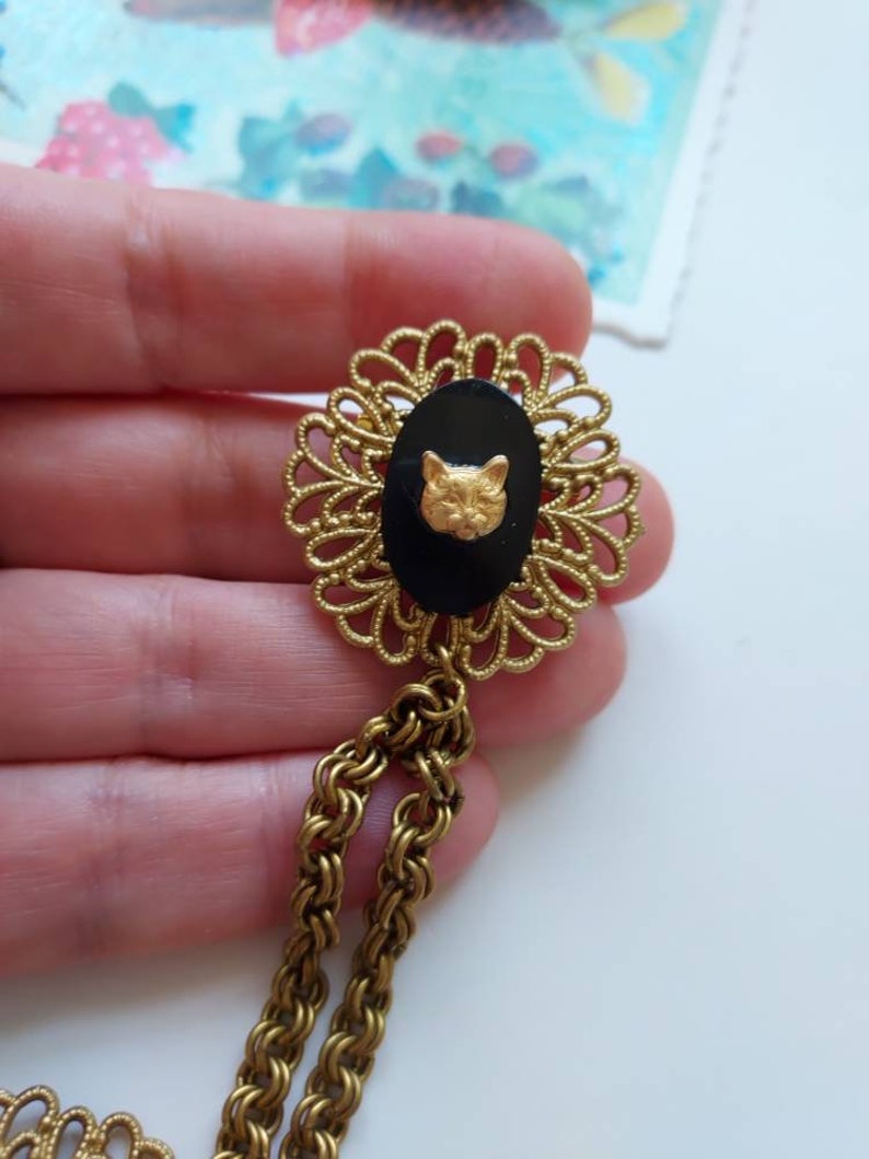 Vintage Victorian collar pins chain, bronze gold black collar pins, cat, moon & sun colar pin chain, Steampunk collar pins, cloak brooch. image 9