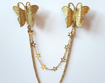 Limited butterfly collar pins chain, gold butterfly brooch with chain, double brooch, detachable chains collar pin, Handmade vintage