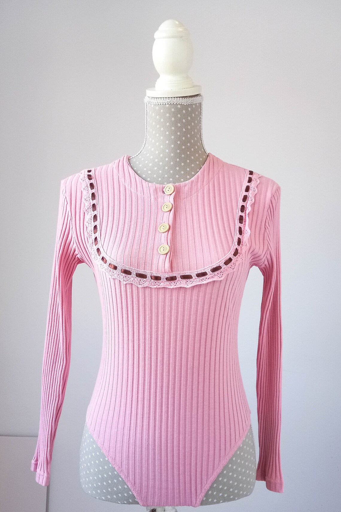 UNUSED Vintage Pink Ribbed Cotton Bodysuit NOS Long Sleeve Etsy