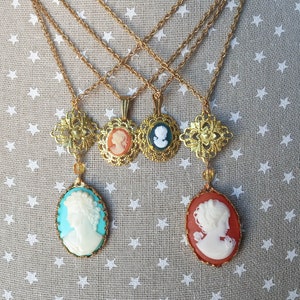 Unworn vintage victorian cameo necklace, carnelian cameo necklace, New Old Stock gold brass cameo necklace, blue cameo necklace.