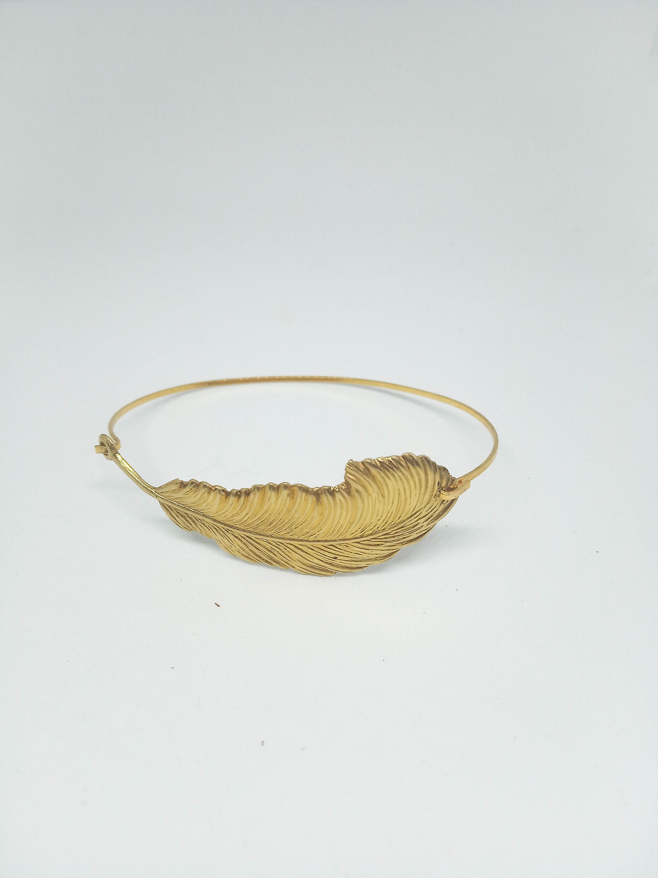 feather cuff bracelet. Unworn vintage gold bangle bracelet water lily leaf boho pure brass bracelet