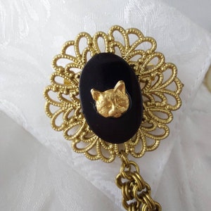Vintage Victorian collar pins chain, bronze gold black collar pins, cat, moon & sun colar pin chain, Steampunk collar pins, cloak brooch. image 8