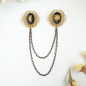 Unused 80s vintage collar pin chain, statement gold collar pins,  men's / women's gold black collar pin chain.