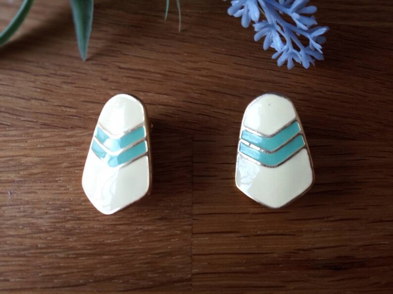 80s deadstock clip on earrings. art deco style earrings 80s prom earrings gold and mint statement earrings ivory