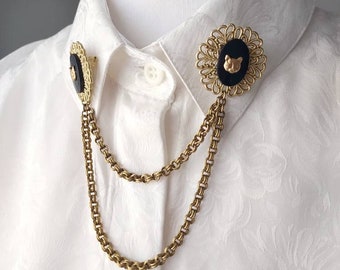 Alfileres de cadena de cuello de estilo victoriano vintage, alfileres de cuello de gato dorados, cadena de alfileres de colar de gato negro y luna, alfileres de cuello Steampunk, broche de capa.