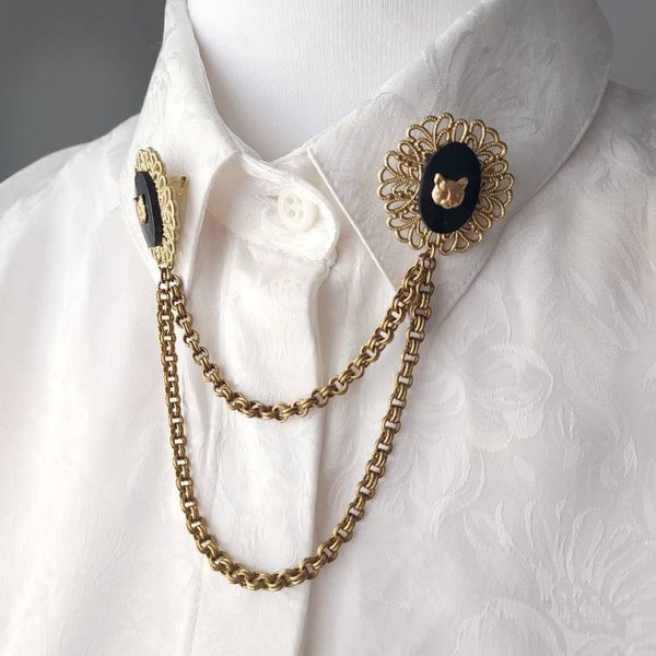 Vintage Victorian style collar chain pins , gold cat collar pins, black cat and moon colar pin chain, Steampunk collar pins, cloak brooch.