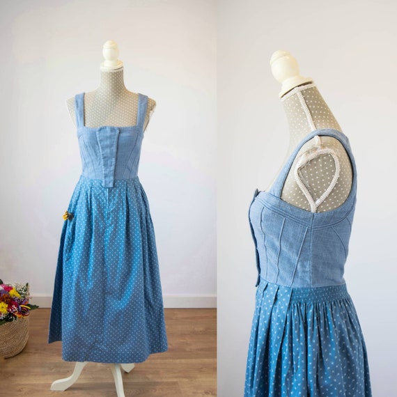 Blue vintage dirndl dress XS -S, LINEN and COTTON