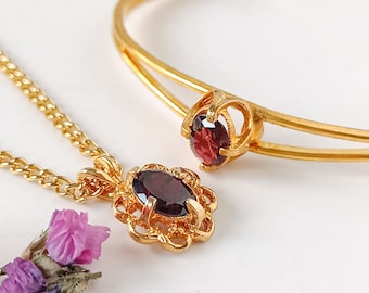 Garnet necklace and bracelet set, UNUSED Vintage gold plated garnet bangle, natural garnet bracelet, January gemnstone necklace gift.