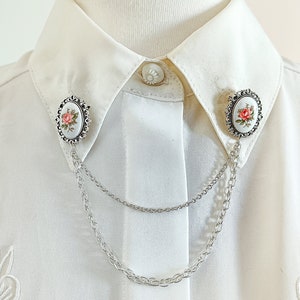 Silver collar pins brooch with rose porcelain cabochon, Vintage Victorian collar pins, red/pink, blue or yellow flower chain collar pin.
