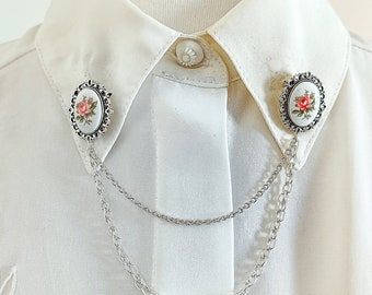 Silver collar pins brooch with rose porcelain cabochon, Vintage Victorian collar pins, red/pink, blue or yellow flower chain collar pin.