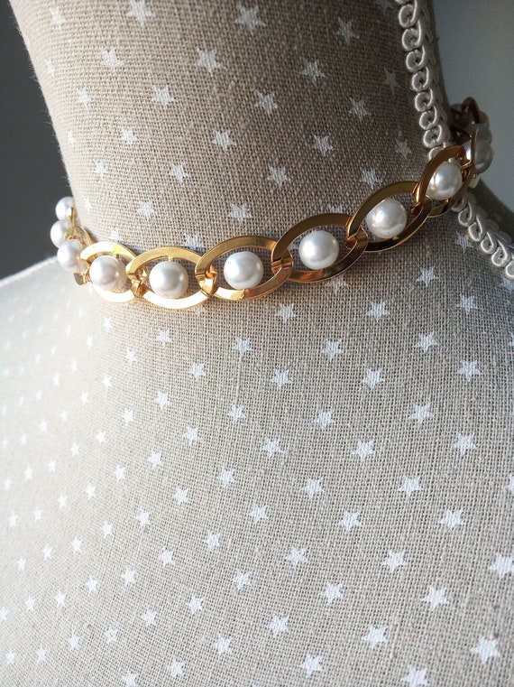 Gold Chain Pearl Choker Necklace 18K 