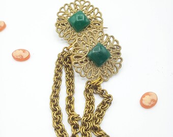 80s victorian collar pin chain, gold collar pin chain with pearl, NEW OLD STOCK layered chain collar pins