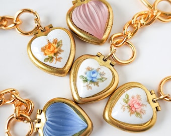 Long distance keychain heart locket, gold plated heart locket keychain, keyring charm, couple's pink or blue locket gold plated keyring