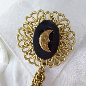 Vintage Victorian collar pins chain, bronze gold black collar pins, cat, moon & sun colar pin chain, Steampunk collar pins, cloak brooch. image 5
