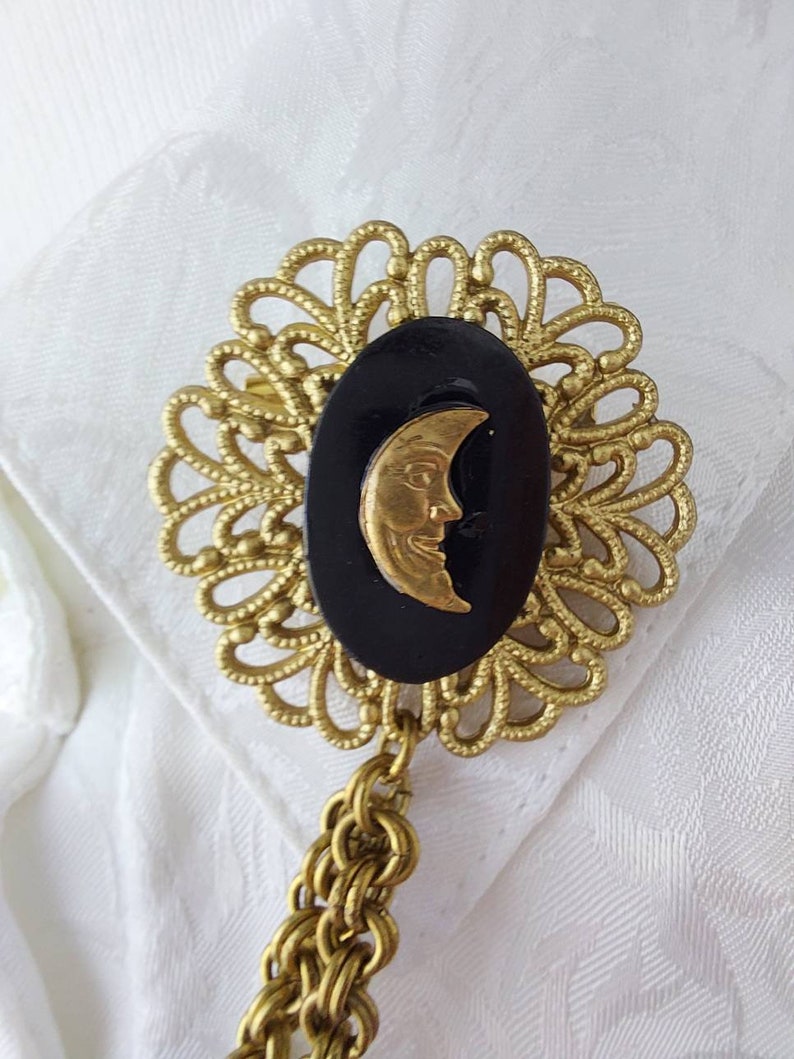 Vintage Victorian collar pins chain, bronze gold black collar pins, cat, moon & sun colar pin chain, Steampunk collar pins, cloak brooch. image 5