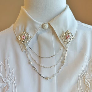 Silver Victorian collar pin chain, vintage  collar chain pin, 80s collar pin with chain, statement collar brooch, shirt collar pins