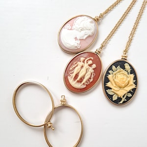 Vintage gold cameo necklace in 40x30mm screw top pendant setting, gold plated chain cameo necklace, Three Graces carnelian cameo. image 4